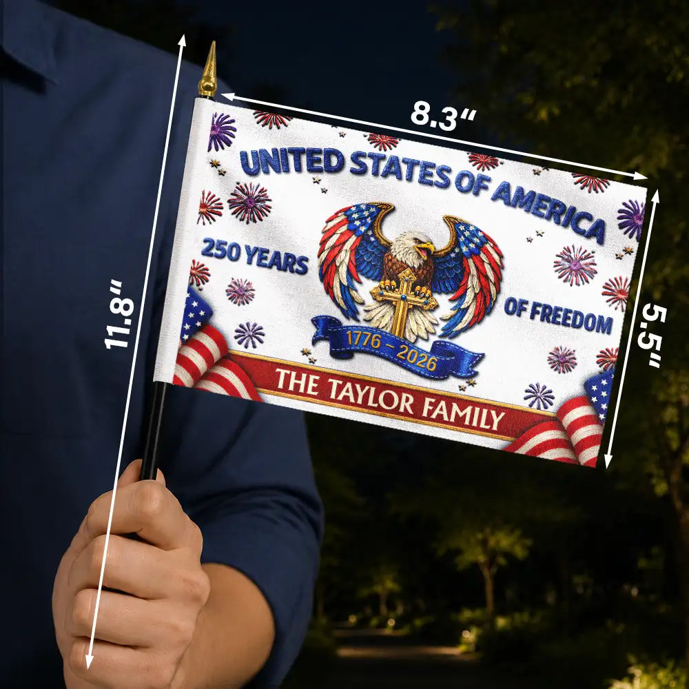 Faux Embroidery Effect America 250th Anniversary Family Name - Personalized Handheld Flag