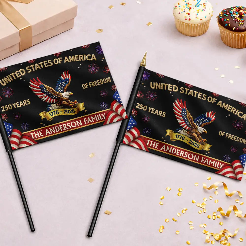 Faux Embroidery Effect America 250th Anniversary Family Name - Personalized Handheld Flag