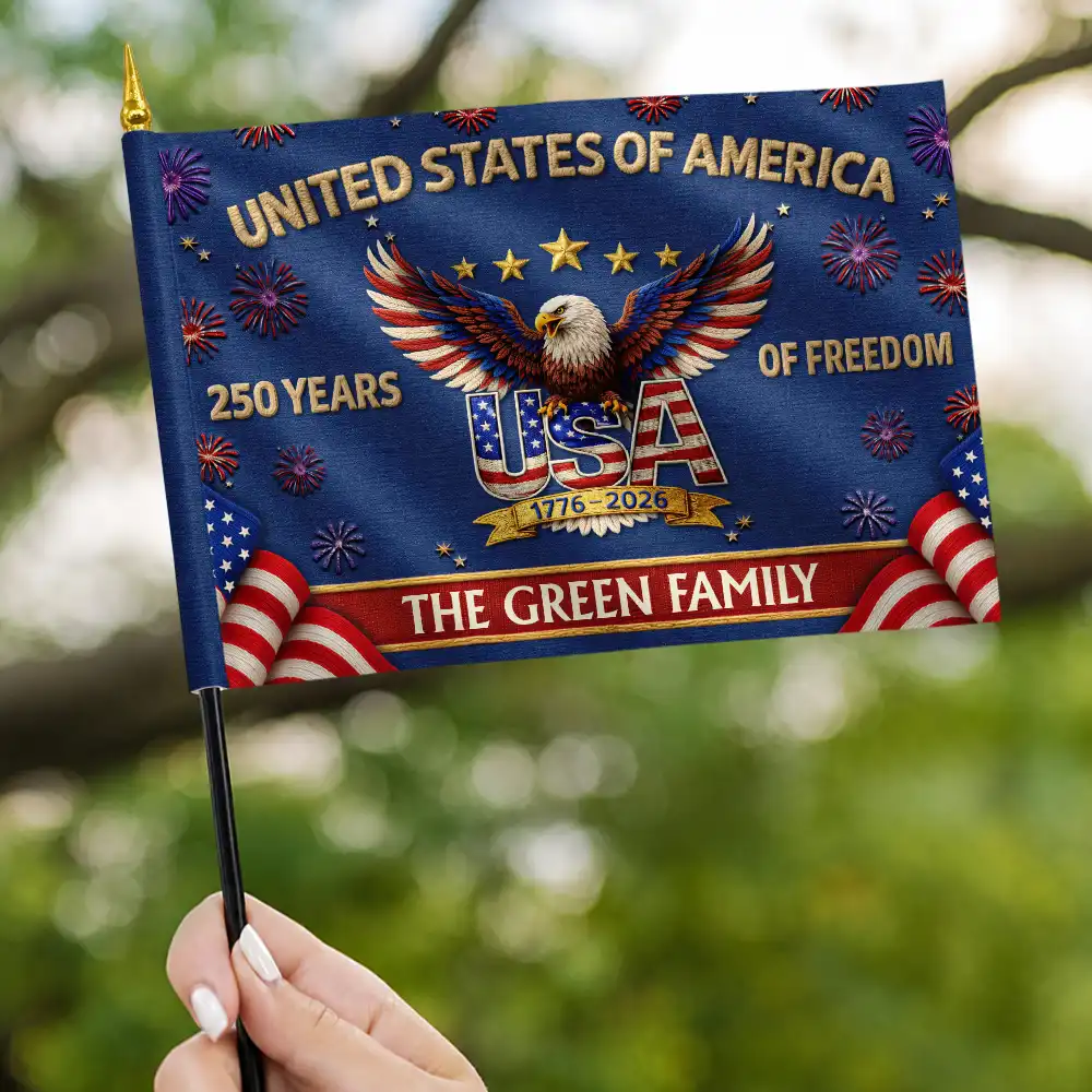 Faux Embroidery Effect America 250th Anniversary Family Name - Personalized Handheld Flag