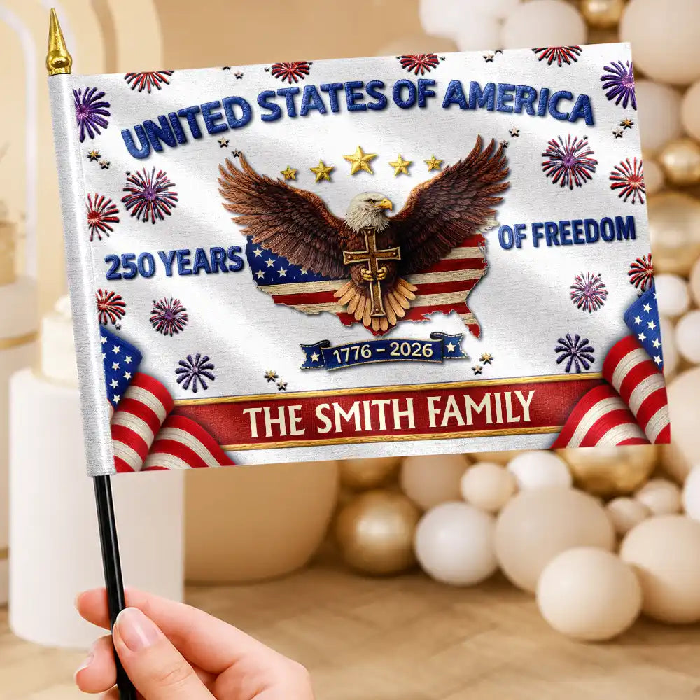 Faux Embroidery Effect America 250th Anniversary Family Name - Personalized Handheld Flag