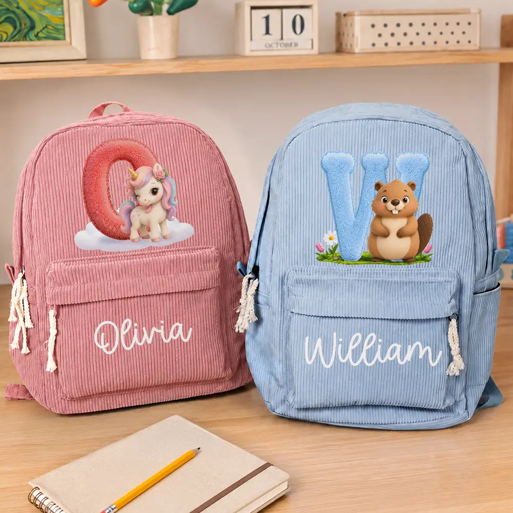 Faux Embroidery Effect Chenille Animal & Alphabet Letters - Personalized Corduroy Backpack