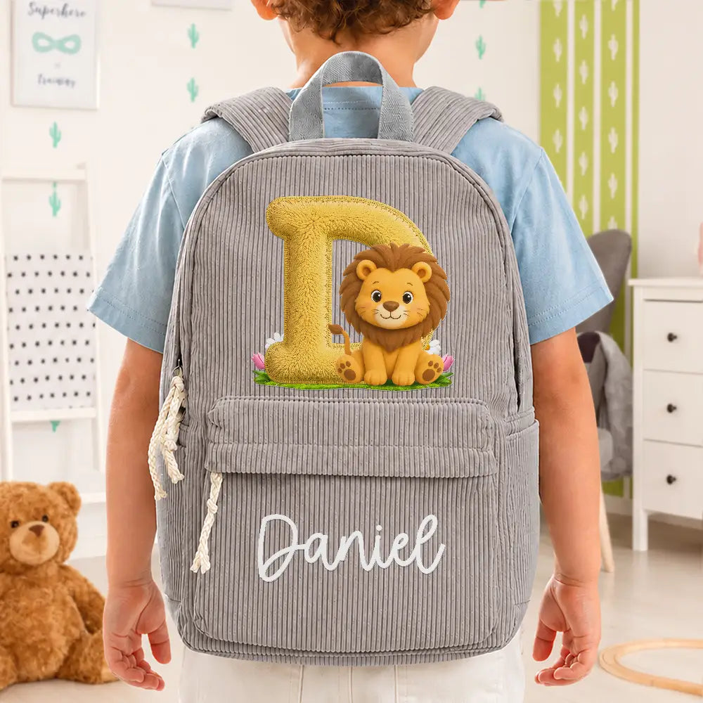 Faux Embroidery Effect Chenille Animal & Alphabet Letters - Personalized Corduroy Backpack