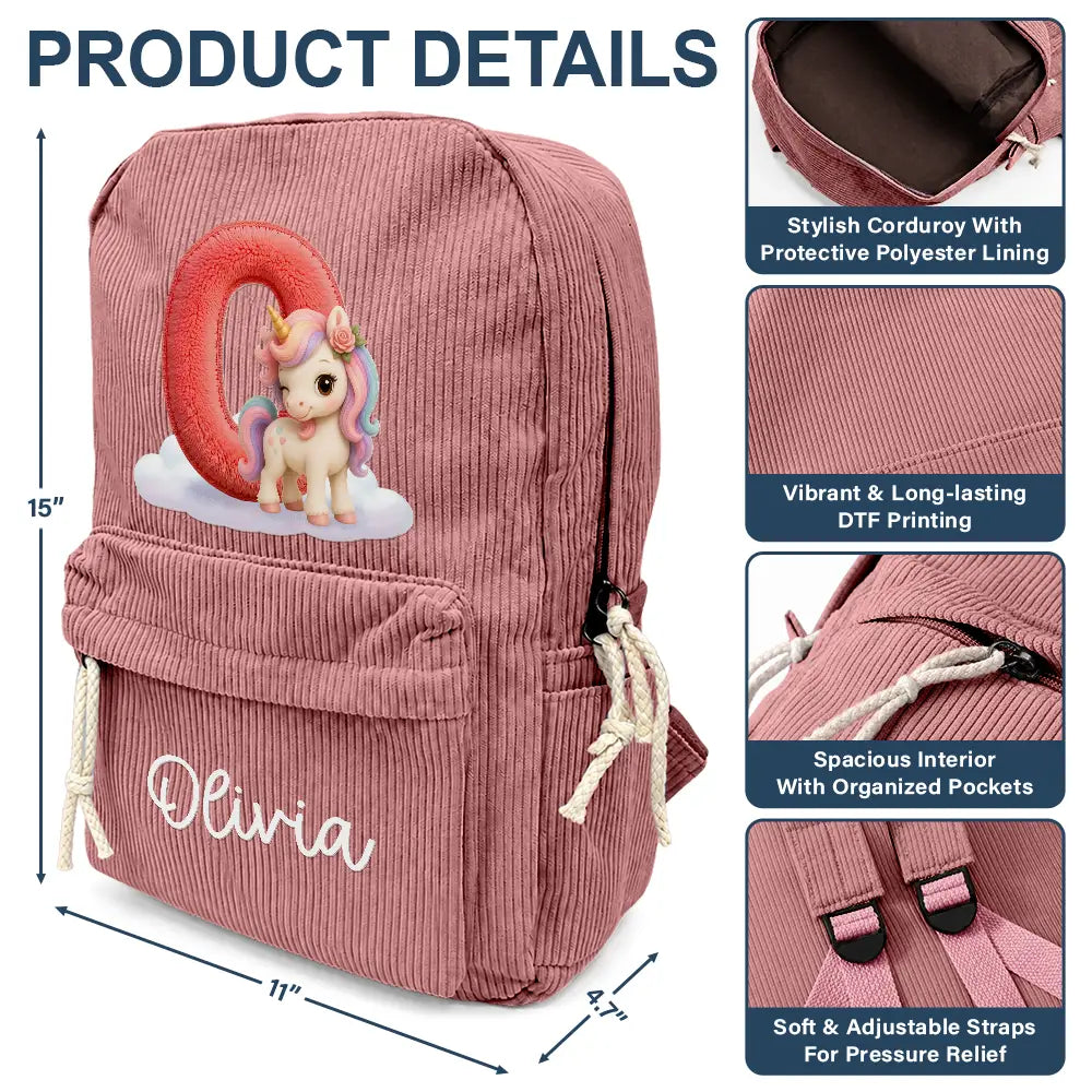 Faux Embroidery Effect Chenille Animal & Alphabet Letters - Personalized Corduroy Backpack