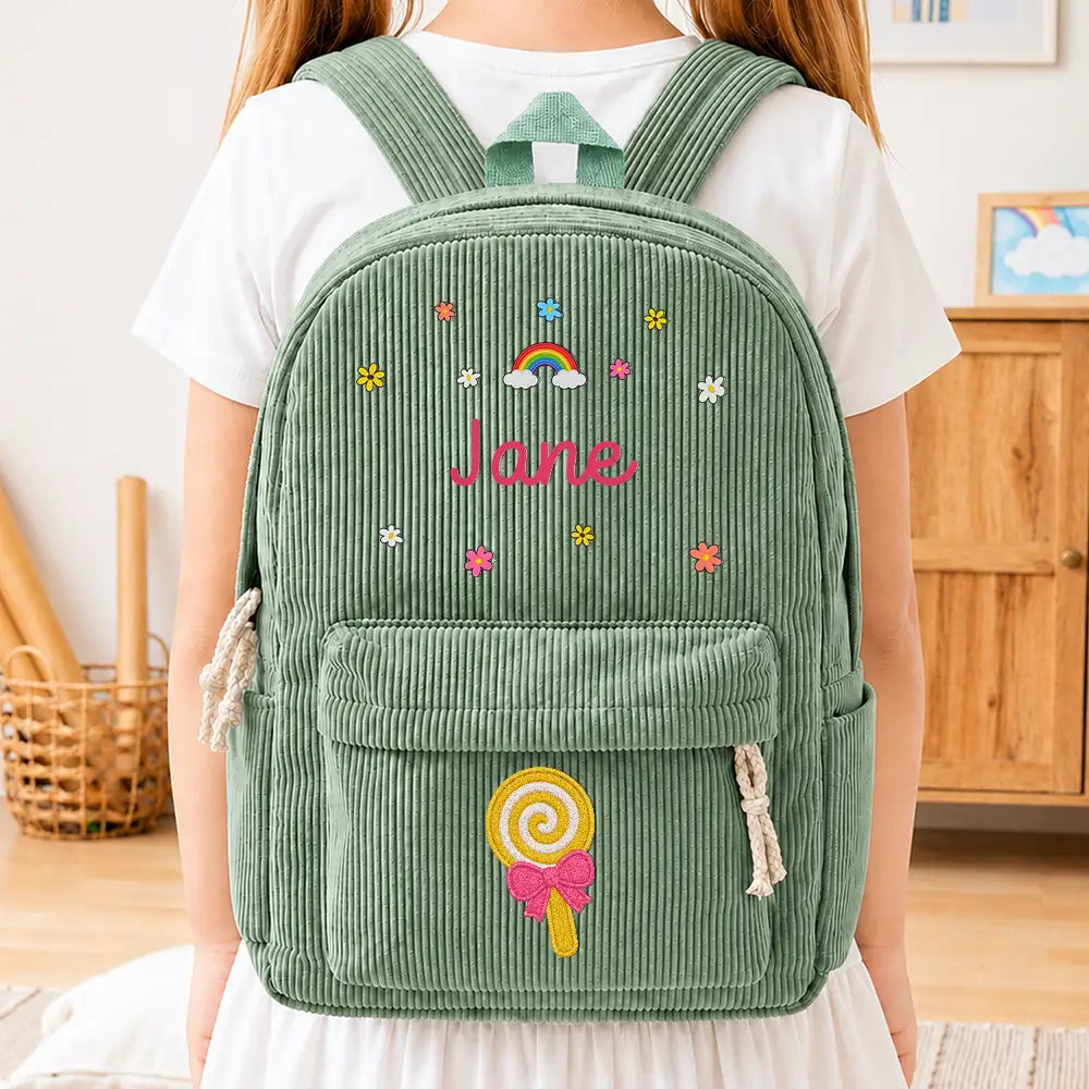 Faux Embroidery Effect Kid's Name - Personalized Corduroy Backpack