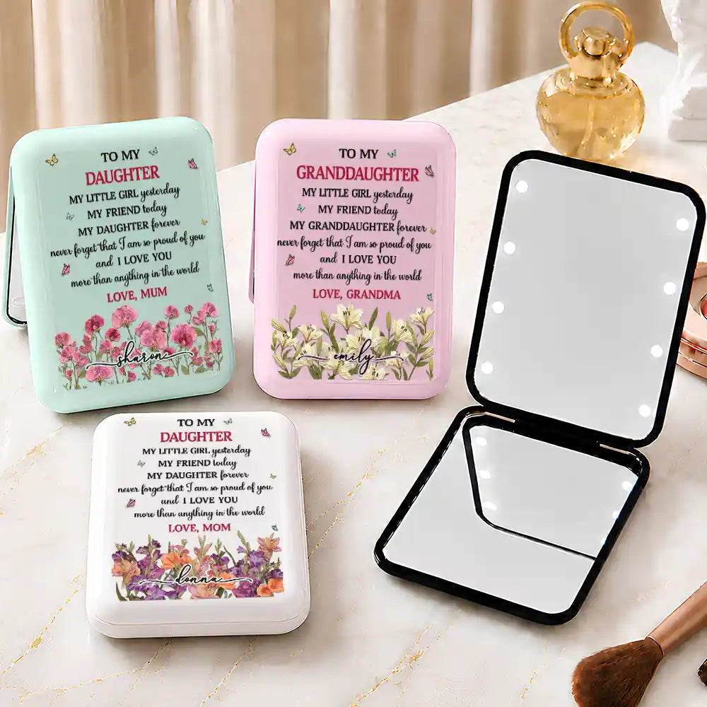 Faux Pressed Birth Flower To My Daughter Granddaughter - Personalized LED Compact Mirror