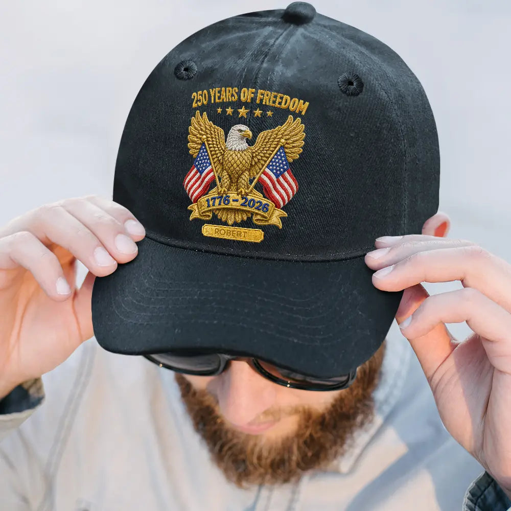 Faux Puff Embroidery Effect 250 Years Of Freedom - Personalized Vintage Washed Denim Cap