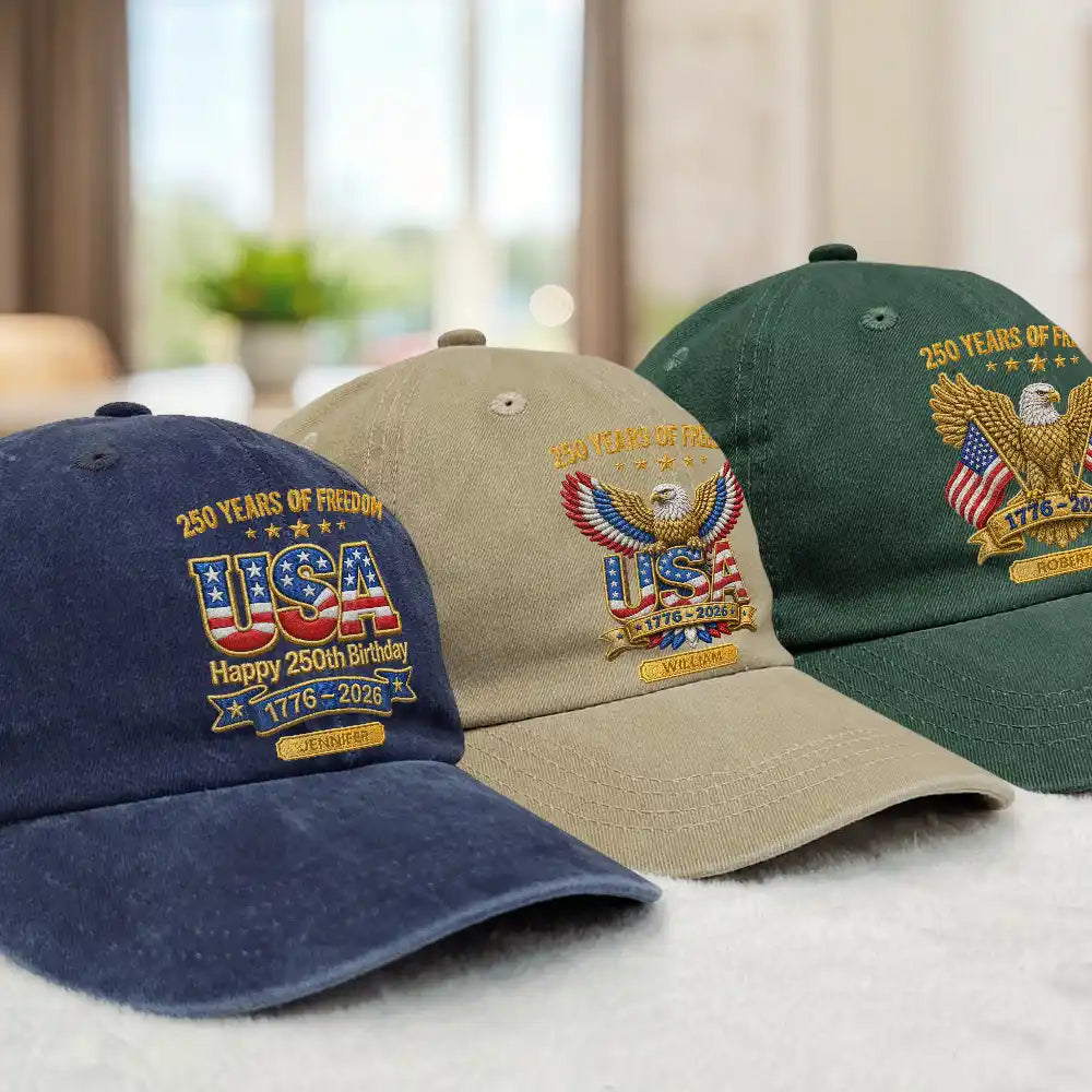 Faux Puff Embroidery Effect 250 Years Of Freedom - Personalized Vintage Washed Denim Cap