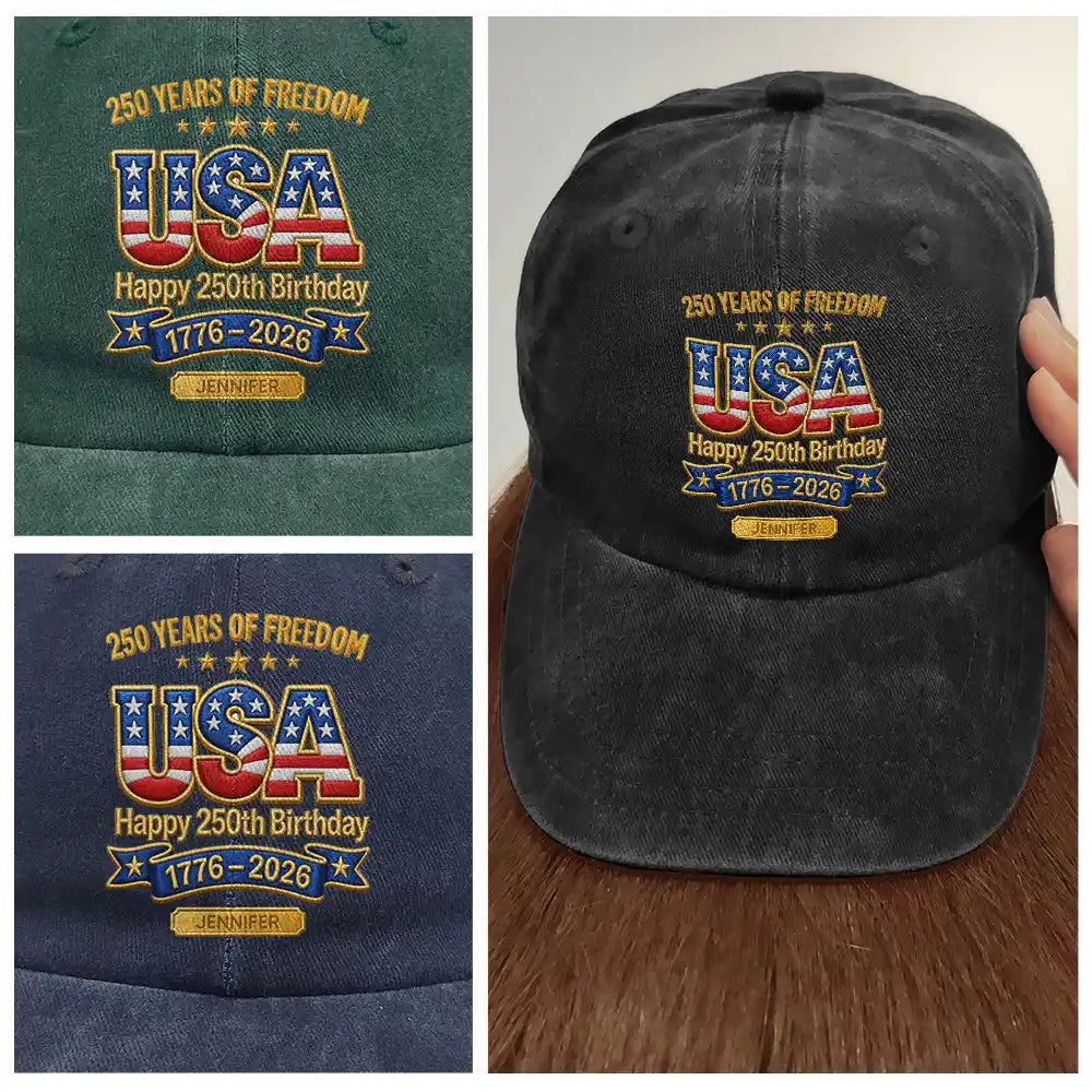 Faux Puff Embroidery Effect 250 Years Of Freedom - Personalized Vintage Washed Denim Cap