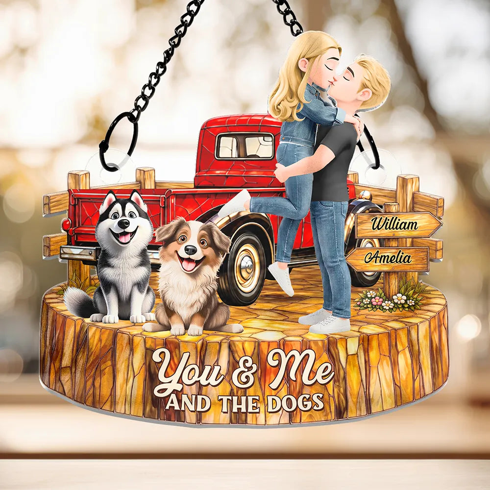 Flannel Couple You & Me And The Dogs - Personalized Window Hanging Suncatcher Ornament