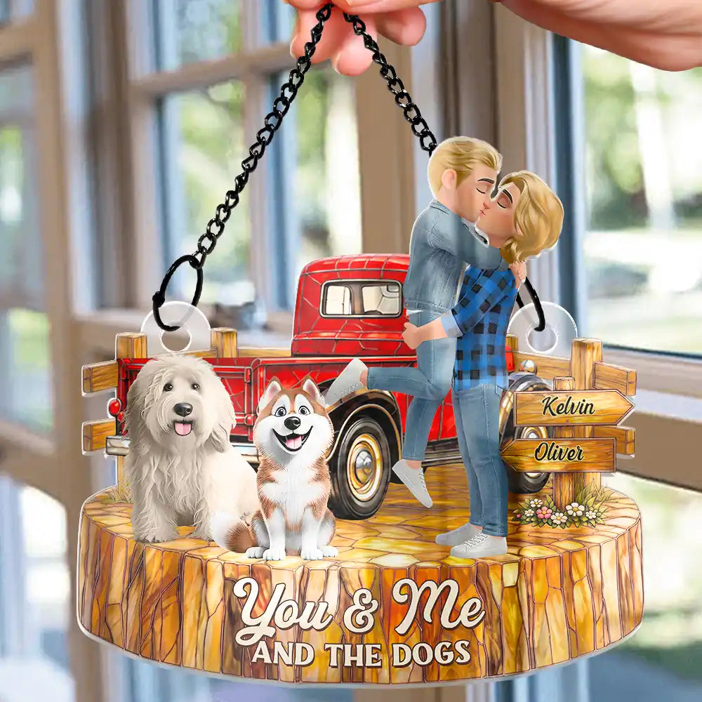 Flannel Couple You & Me And The Dogs - Personalized Window Hanging Suncatcher Ornament