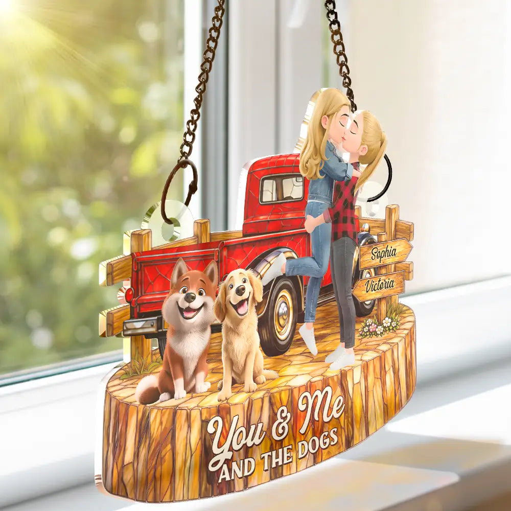 Flannel Couple You & Me And The Dogs - Personalized Window Hanging Suncatcher Ornament