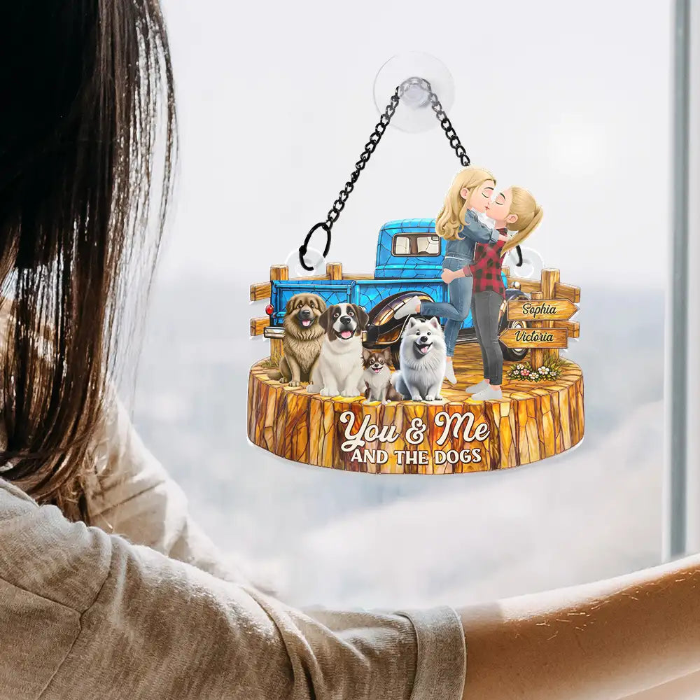 Flannel Couple You & Me And The Dogs - Personalized Window Hanging Suncatcher Ornament