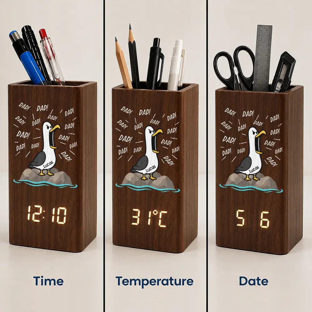Funny Screaming Seagull - Personalized Pen Holder With Clock