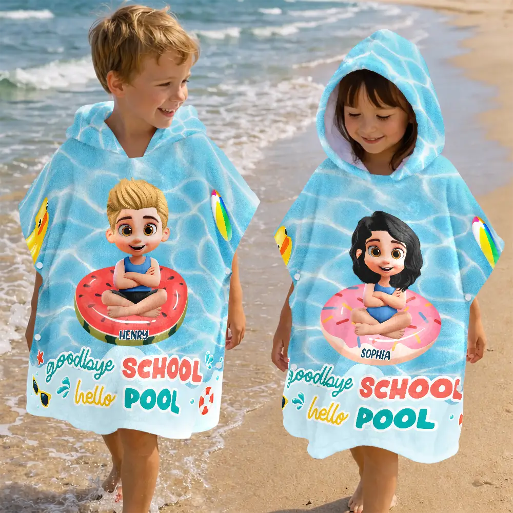 Goodbye School Hello Pool 3D Kid Cartoon Summer - Personalized Kids Hooded Poncho Towel