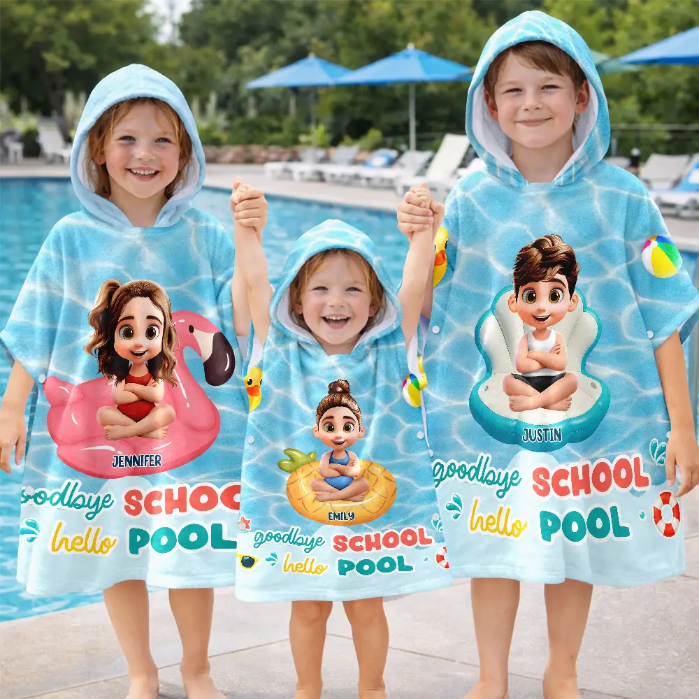 Goodbye School Hello Pool 3D Kid Cartoon Summer - Personalized Kids Hooded Poncho Towel