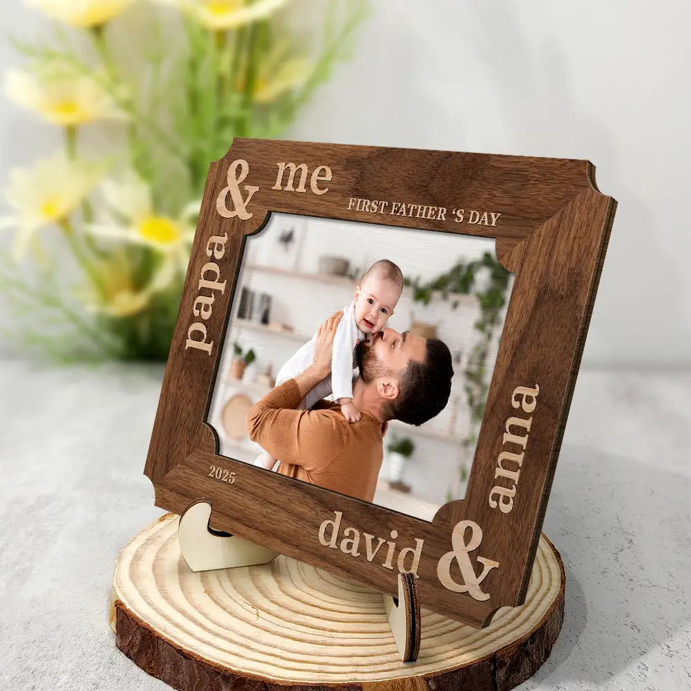 Custom Photo First Father's Day Ever Dad And Baby - Personalized 2-Layered Wooden Plaque With Stand