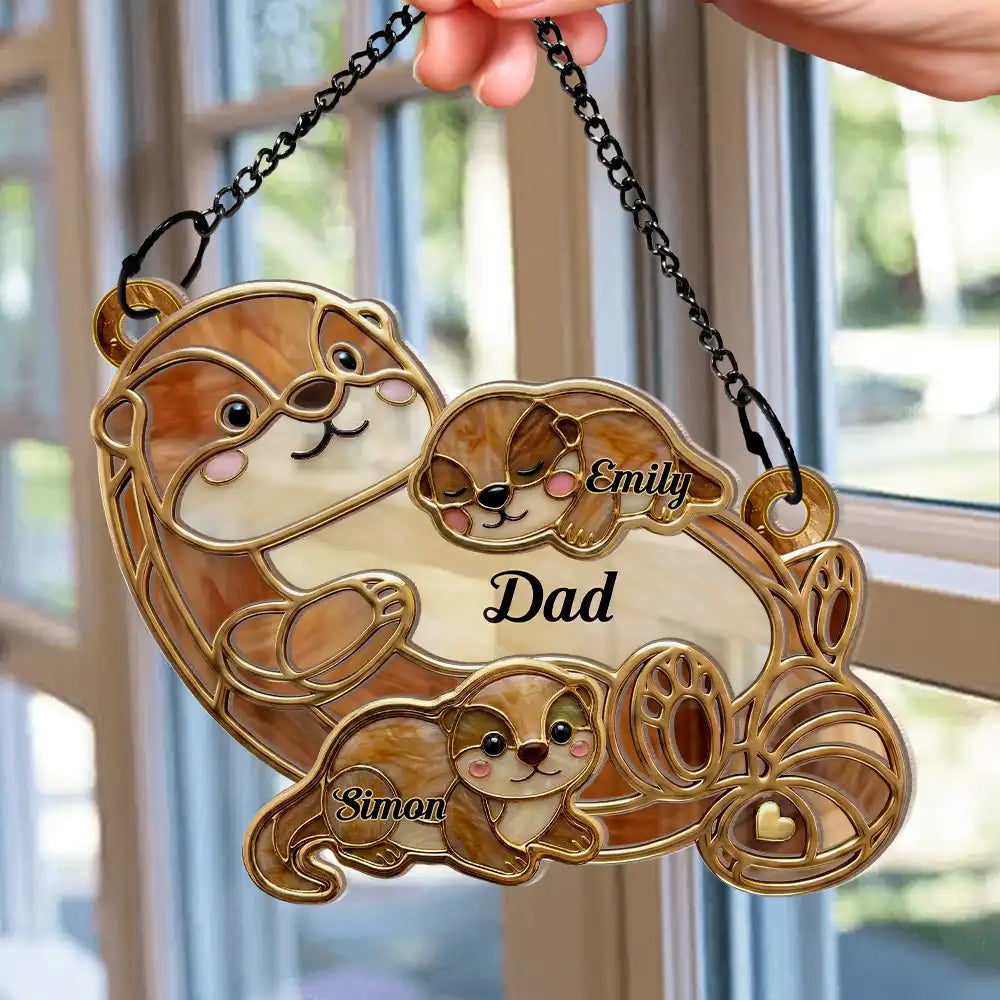 Otter Pups Stained Glass Effect Mom Grandma - Personalized Window Hanging Suncatcher Ornament