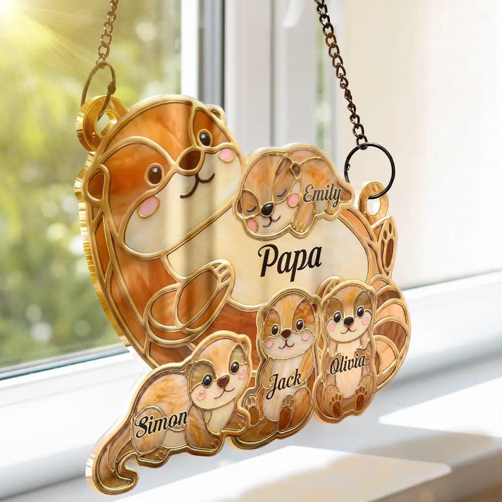 Otter Pups Stained Glass Effect Mom Grandma - Personalized Window Hanging Suncatcher Ornament