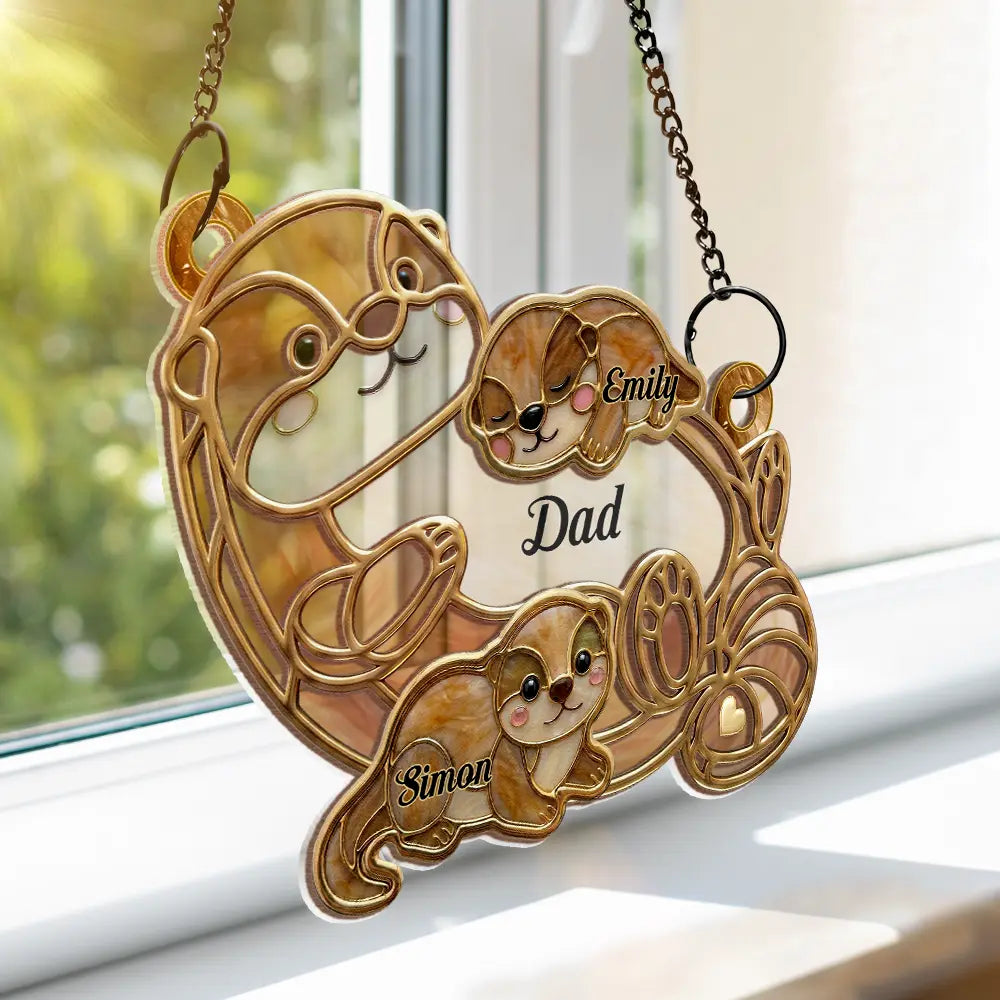 Otter Pups Stained Glass Effect Mom Grandma - Personalized Window Hanging Suncatcher Ornament