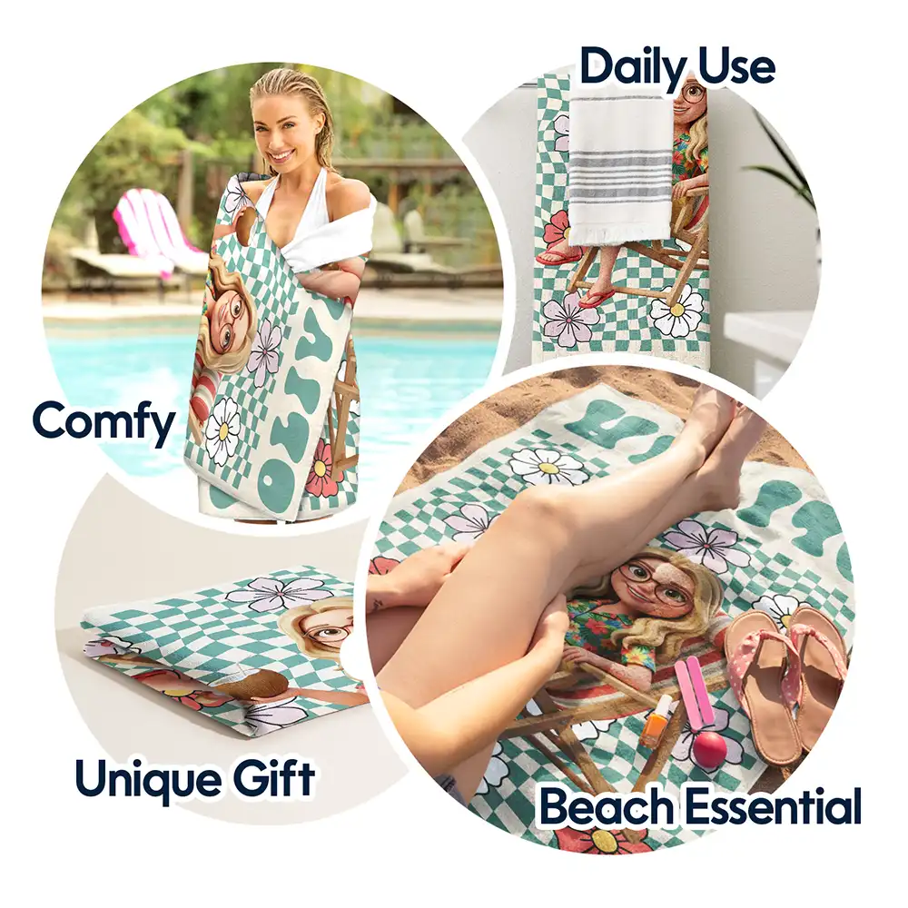 Custom Photo 3D Summer Concept Retro Traveling Beach Poolside Swimming Picnic - Personalized Beach Towel