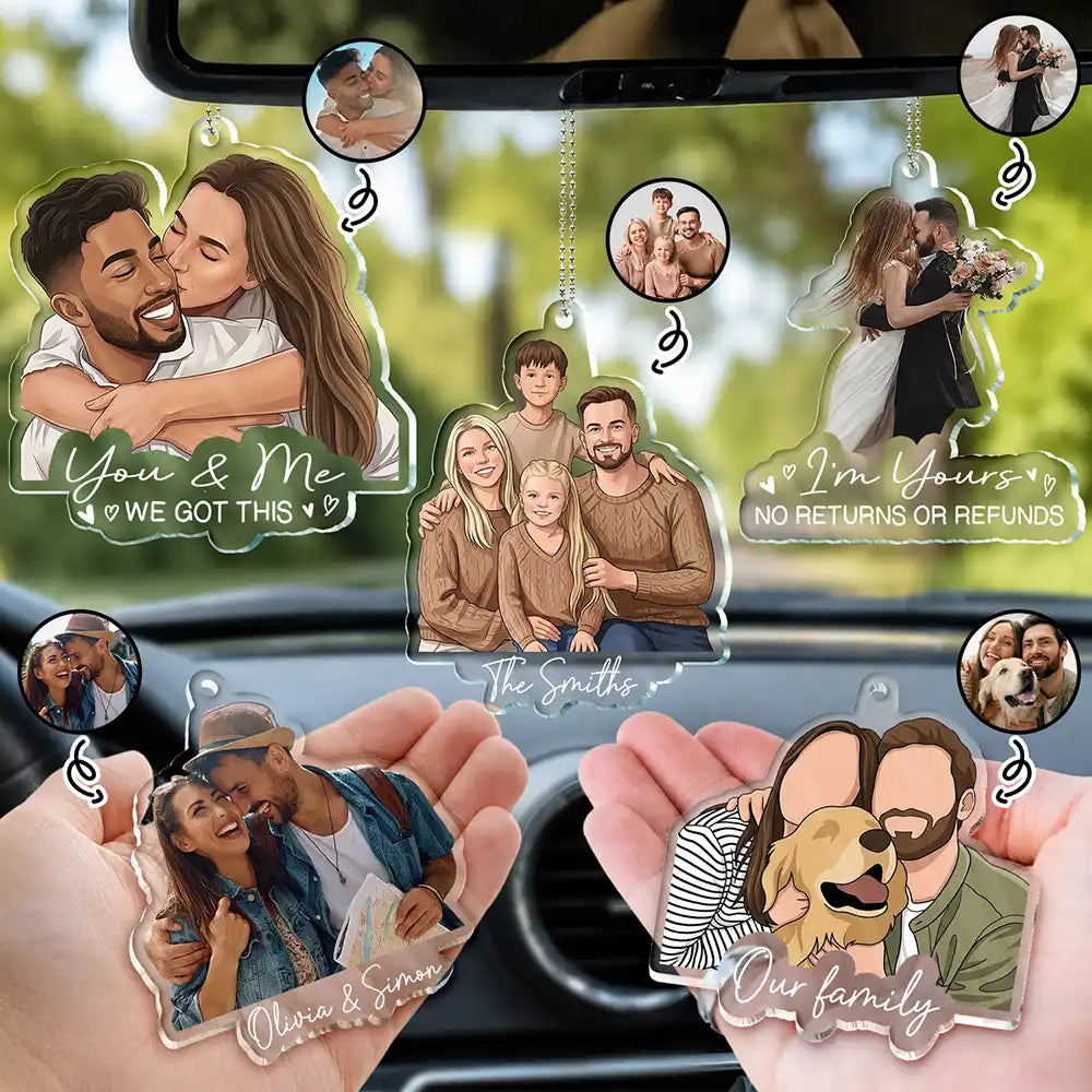 Custom Photo Semi Realistic Portrait Family Couple Pet Lovers Portrait - Personalized Acrylic Car Hanger