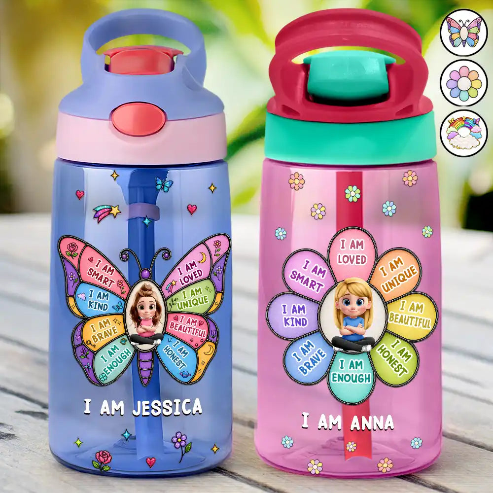 I Am Smart Kind Brave Butterfly - Personalized Kids Water Bottle With Straw