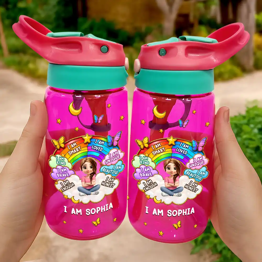 I Am Smart Kind Brave Butterfly - Personalized Kids Water Bottle With Straw