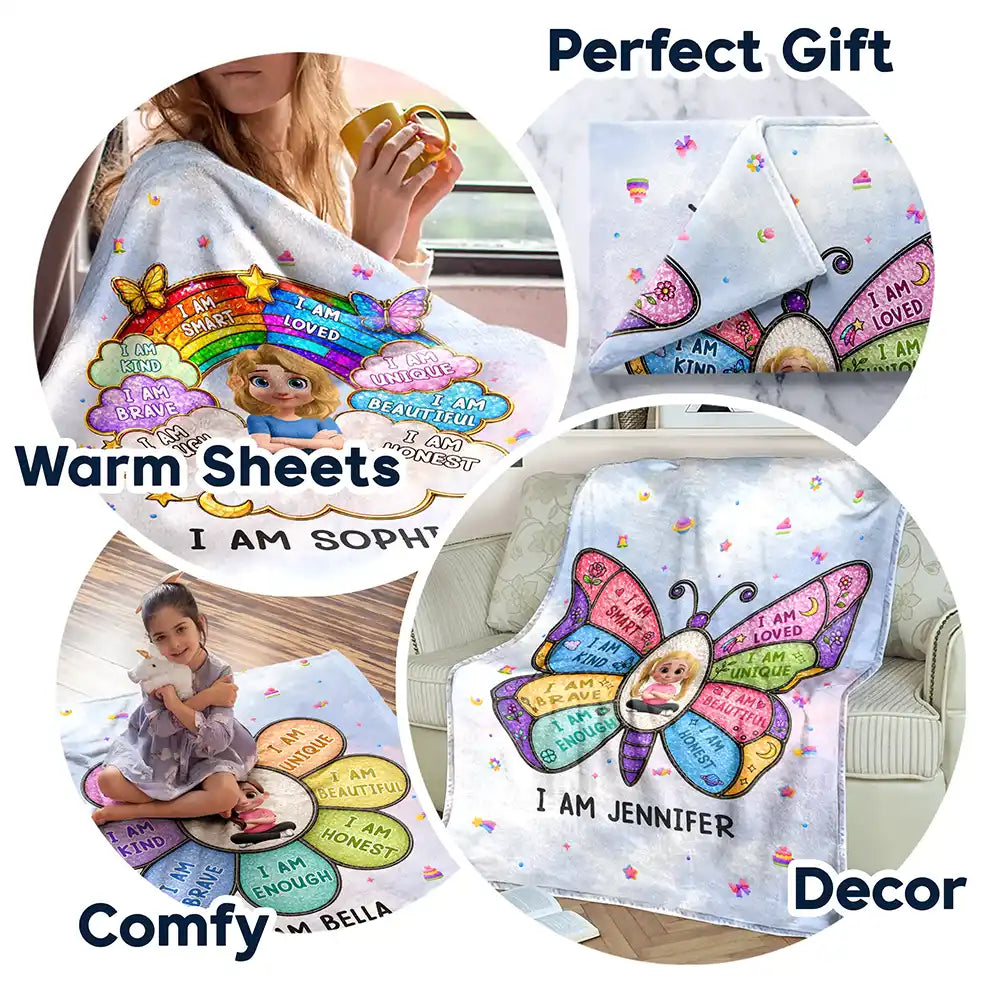 I Am Smart Kind Brave Butterfly Flower Rainbow - Personalized Fleece Blanket, Sherpa Blanket