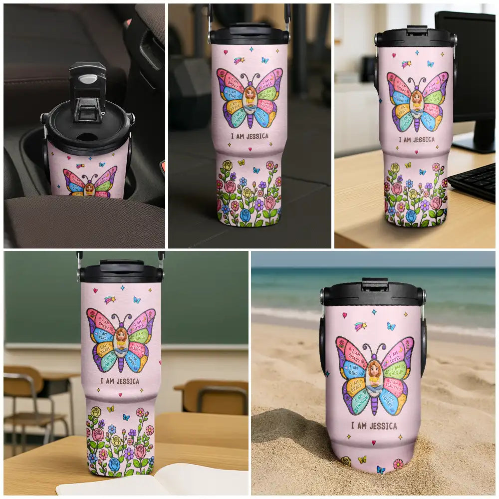 I Am Smart Kind Brave Butterfly Flower Rainbow - Personalized 30oz Tumbler With Handle