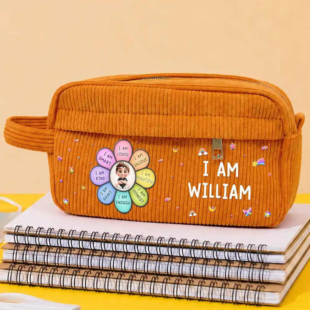 I Am Smart Kind Brave Butterfly Flower Rainbow - Personalized Corduroy Pencil Case