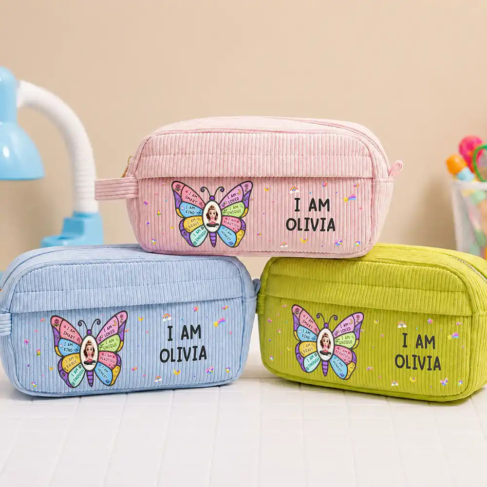 I Am Smart Kind Brave Butterfly Flower Rainbow - Personalized Corduroy Pencil Case