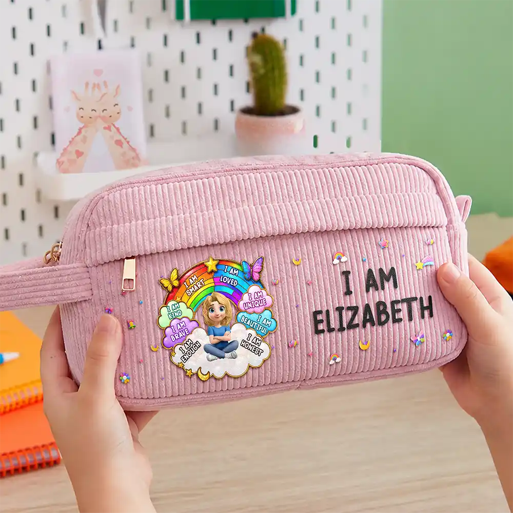 I Am Smart Kind Brave Butterfly Flower Rainbow - Personalized Corduroy Pencil Case