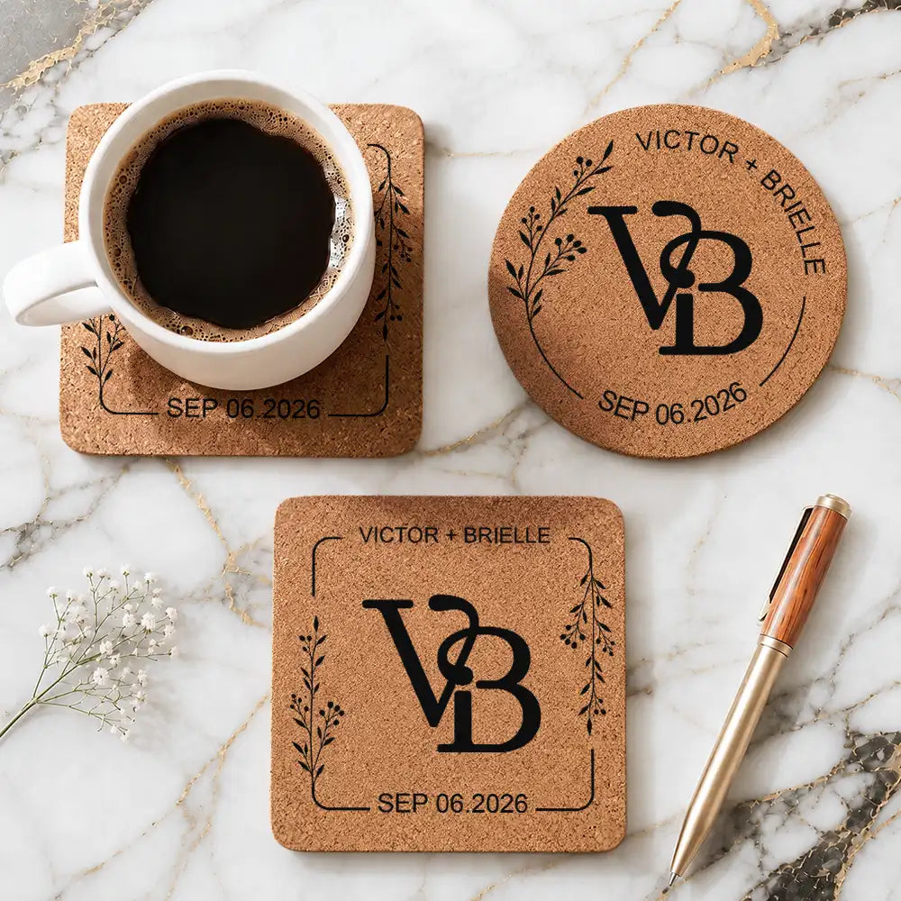 Intertwined Monogram Wedding Couple Name - Personalized Cork Coaster