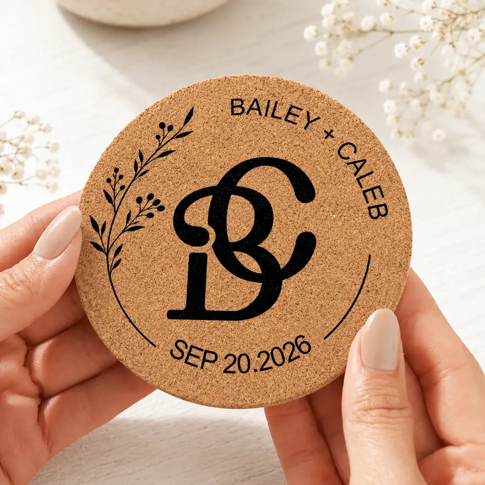 Intertwined Monogram Wedding Couple Name - Personalized Cork Coaster