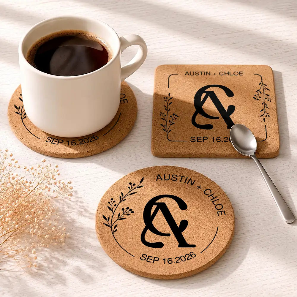 Intertwined Monogram Wedding Couple Name - Personalized Cork Coaster