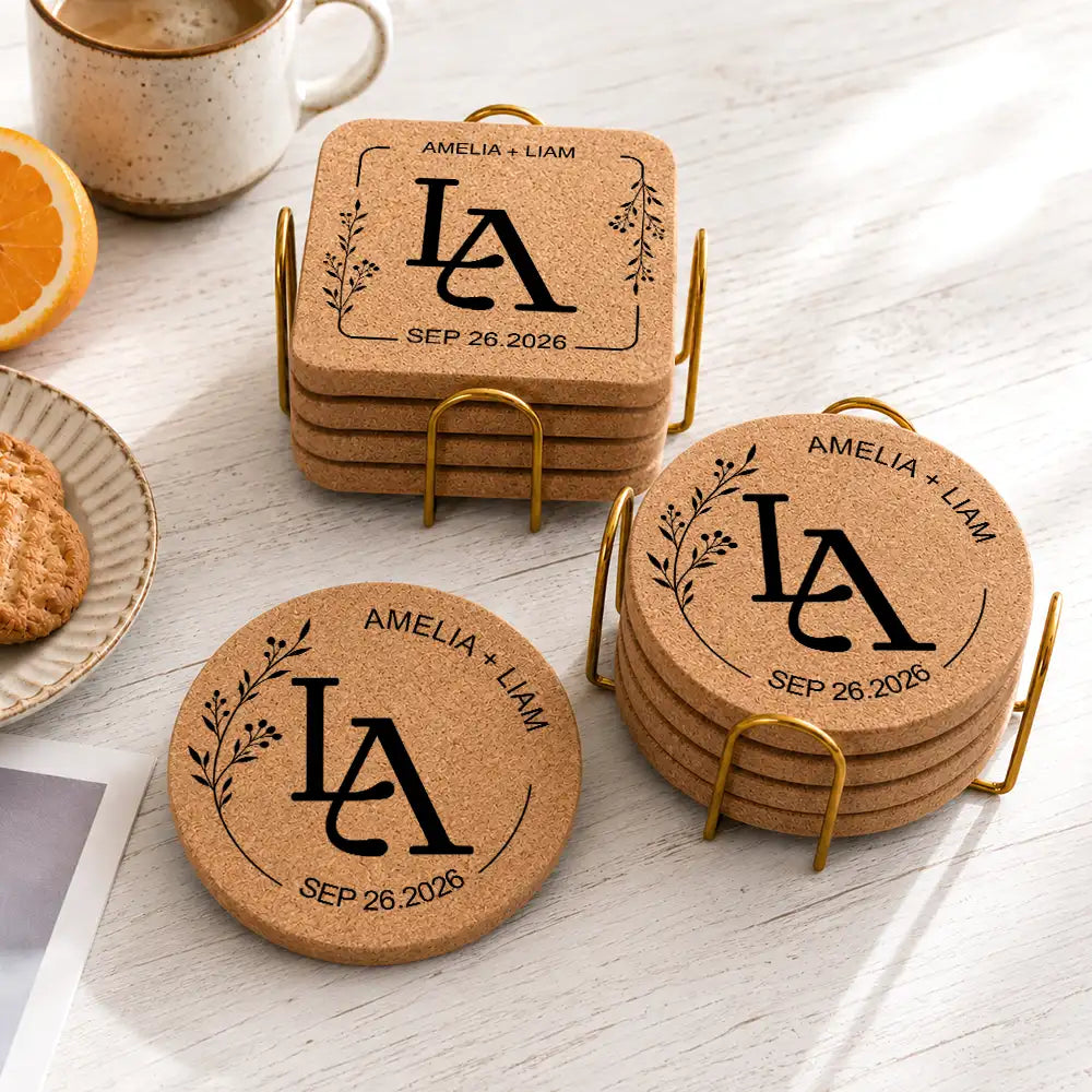 Intertwined Monogram Wedding Couple Name - Personalized Cork Coaster