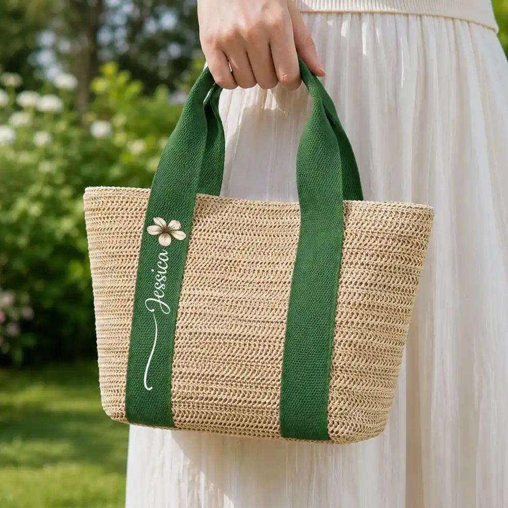 Birth Month Flower With Name - Personalized Straw Beach Bag