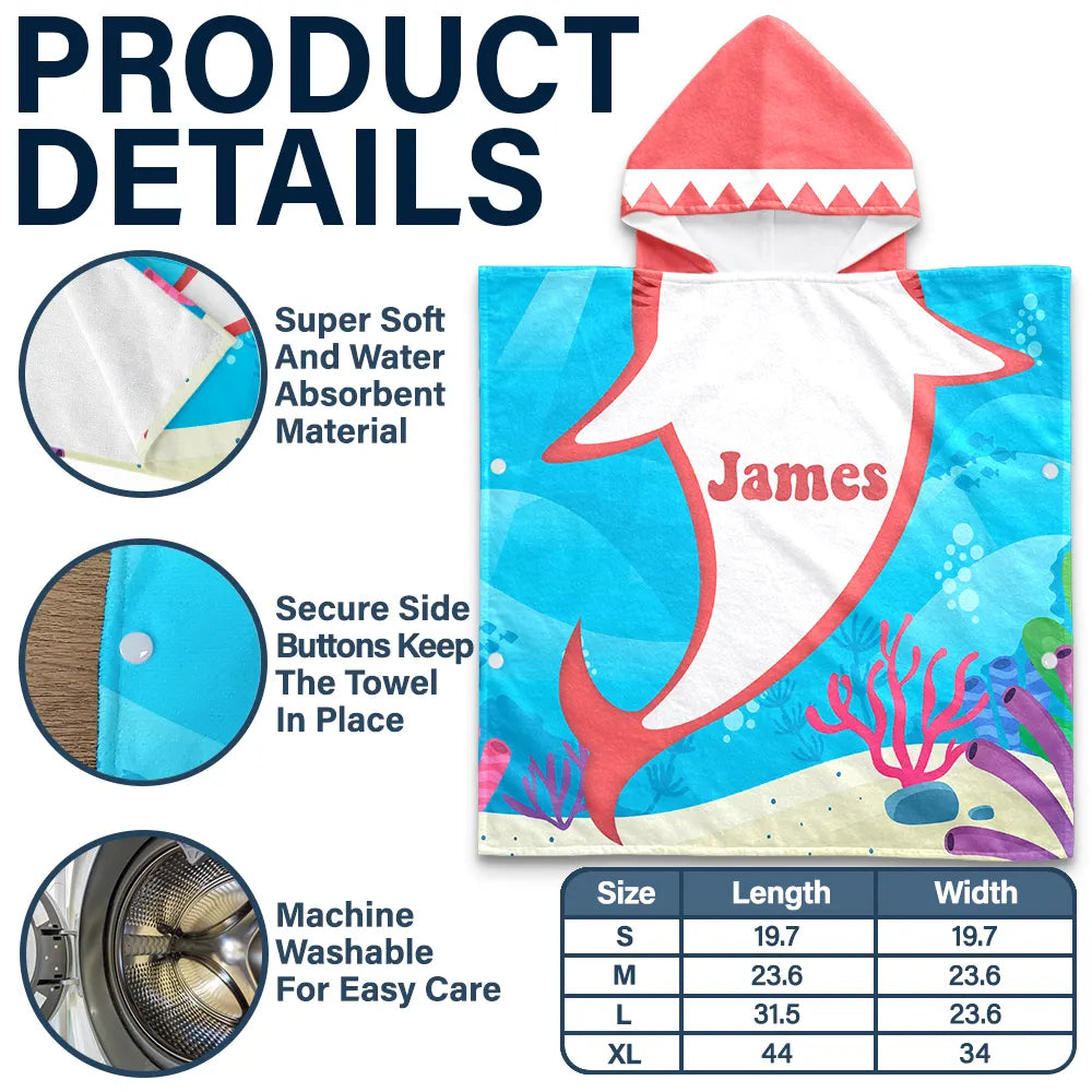 Kid Ocean Shark With Name Summer - Personalized Kids Hooded Poncho Towel