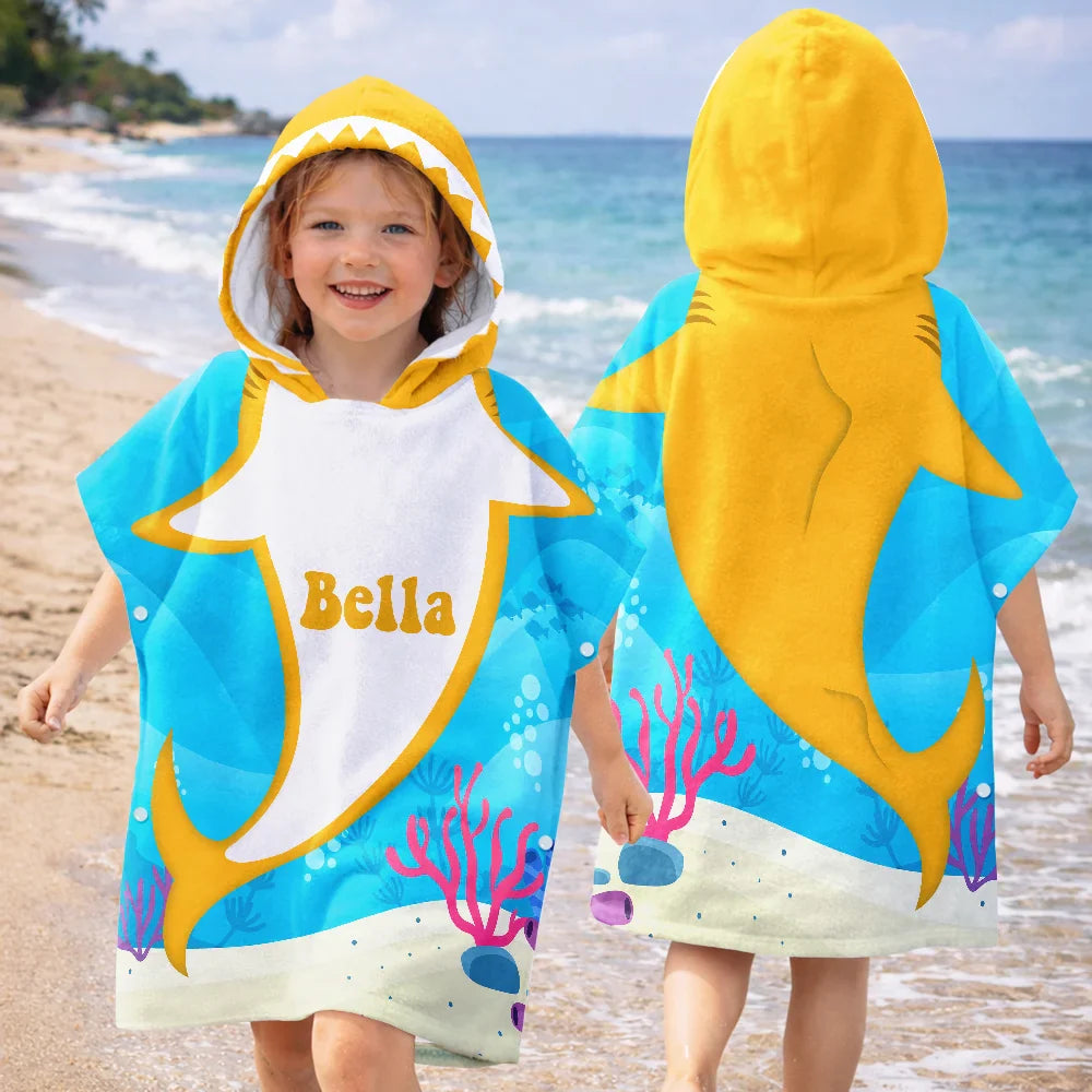 Kid Ocean Shark With Name Summer - Personalized Kids Hooded Poncho Towel
