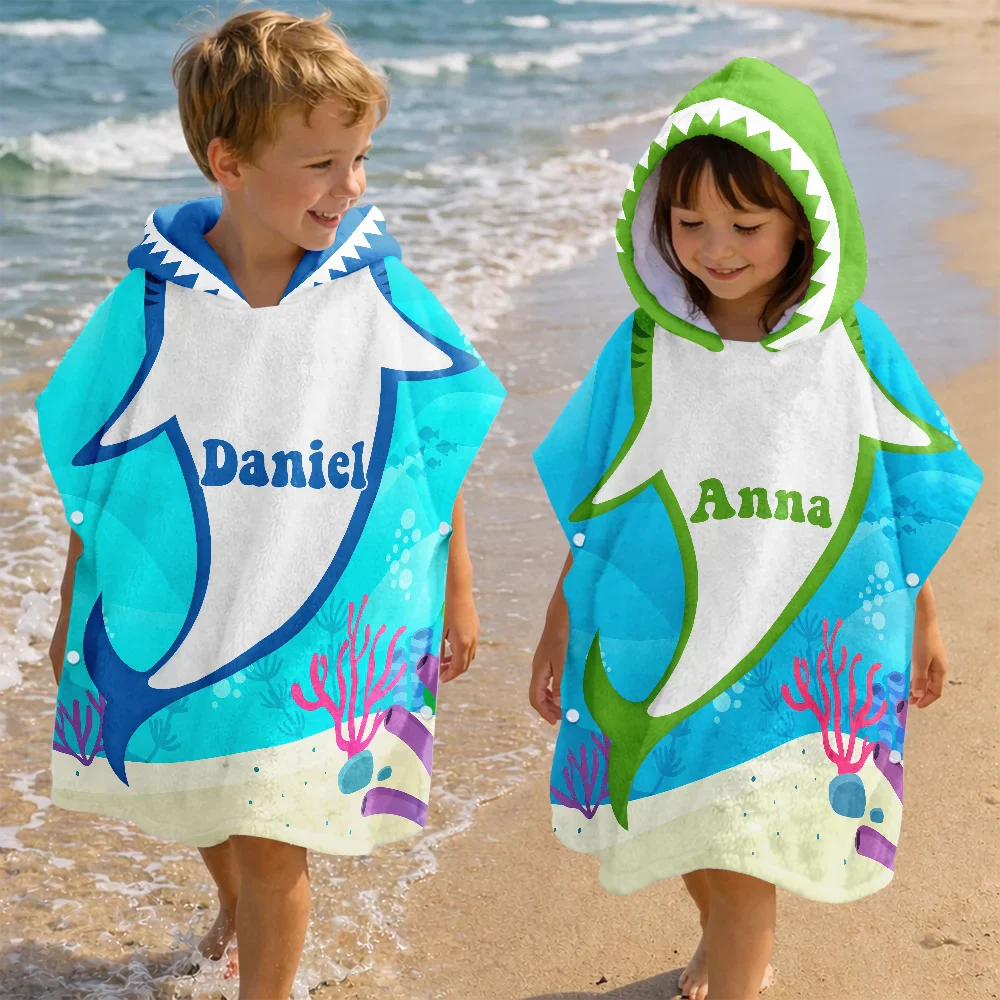 Kid Ocean Shark With Name Summer - Personalized Kids Hooded Poncho Towel