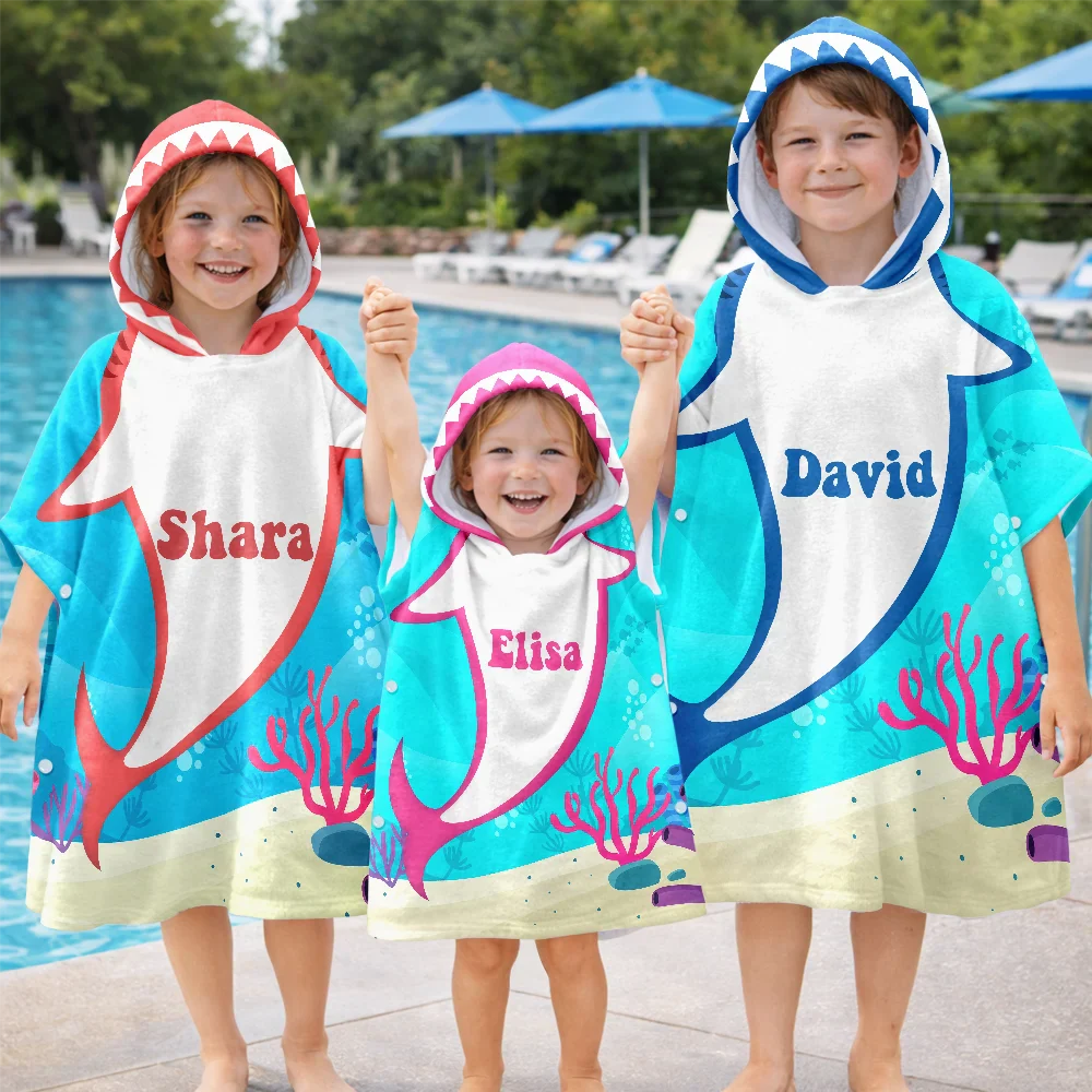 Kid Ocean Shark With Name Summer - Personalized Kids Hooded Poncho Towel