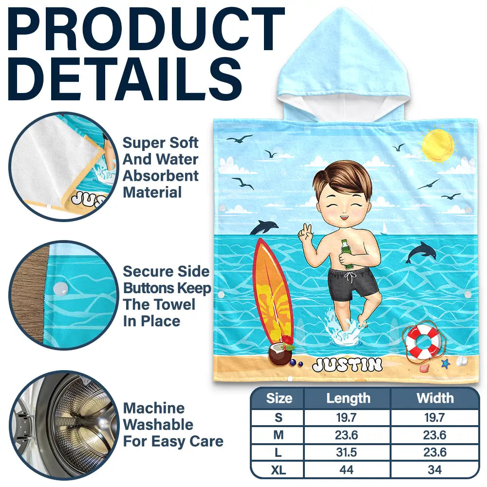 Kid On Beach And Pool Summer Trip 3D Cartoon - Personalized Kids Hooded Poncho Towel