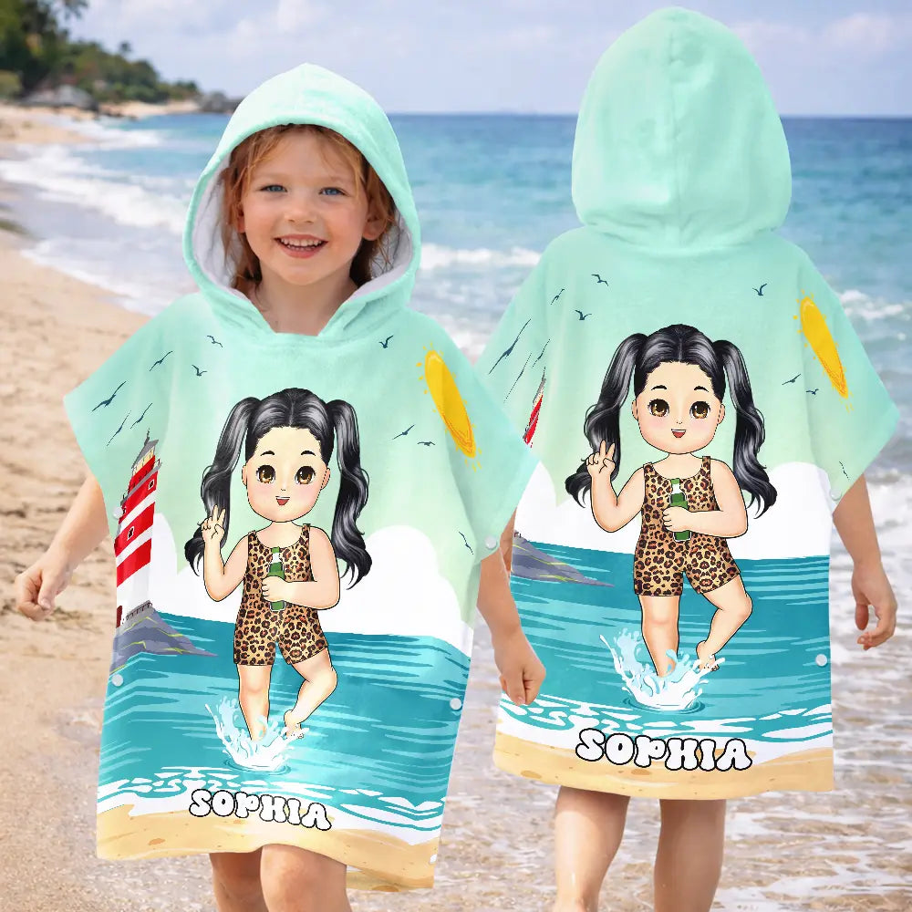 Kid On Beach And Pool Summer Trip 3D Cartoon - Personalized Kids Hooded Poncho Towel