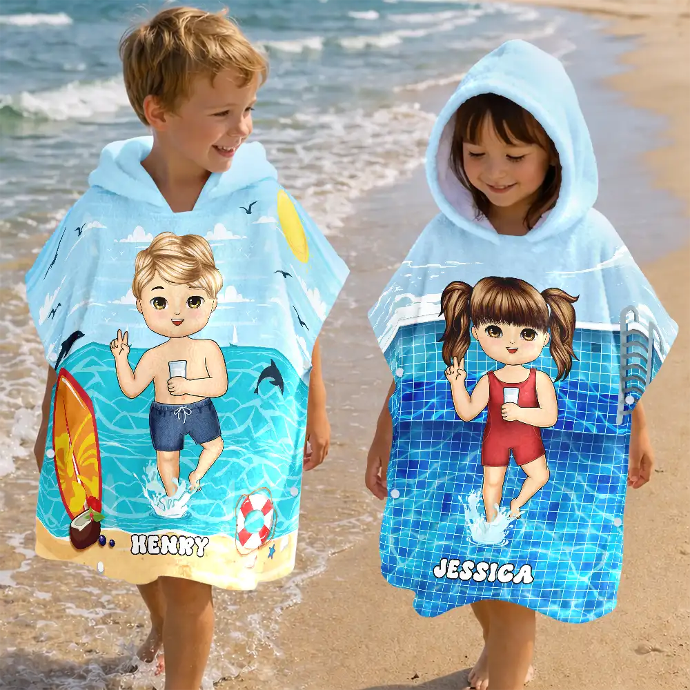 Kid On Beach And Pool Summer Trip 3D Cartoon - Personalized Kids Hooded Poncho Towel