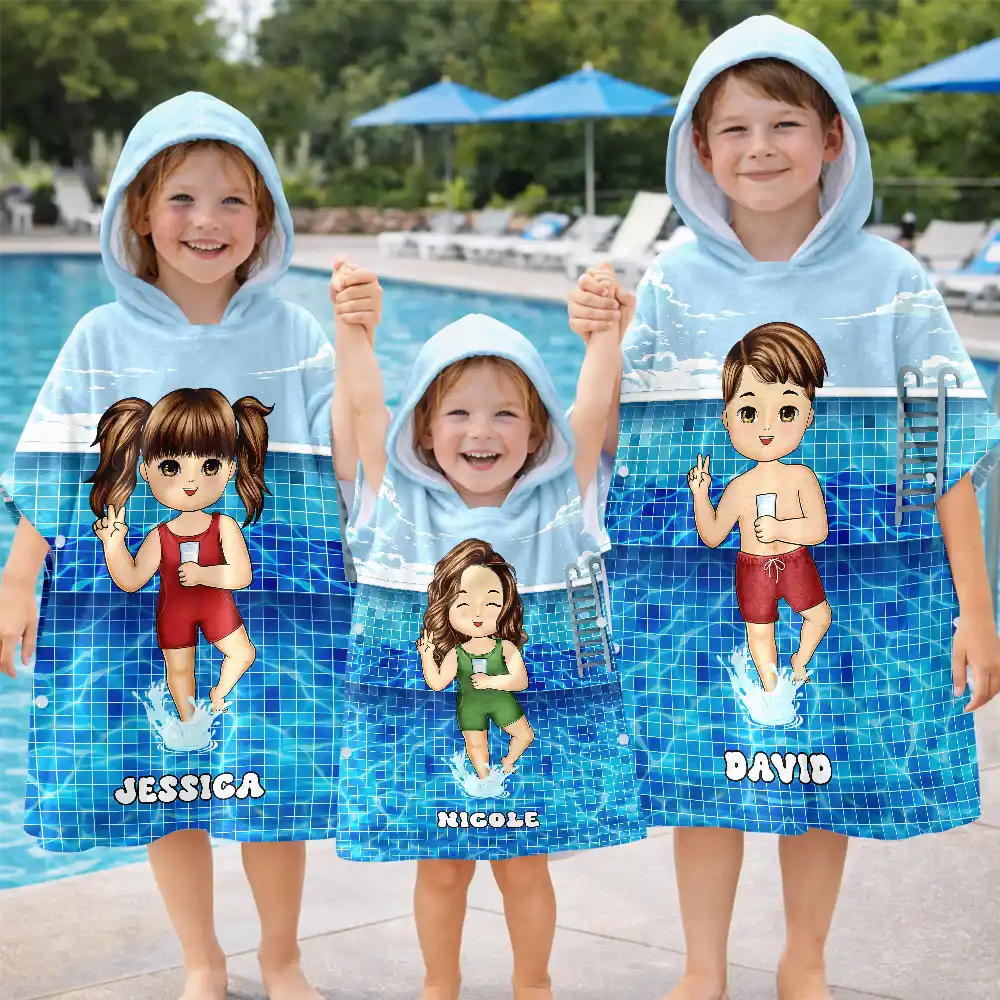 Kid On Beach And Pool Summer Trip 3D Cartoon - Personalized Kids Hooded Poncho Towel