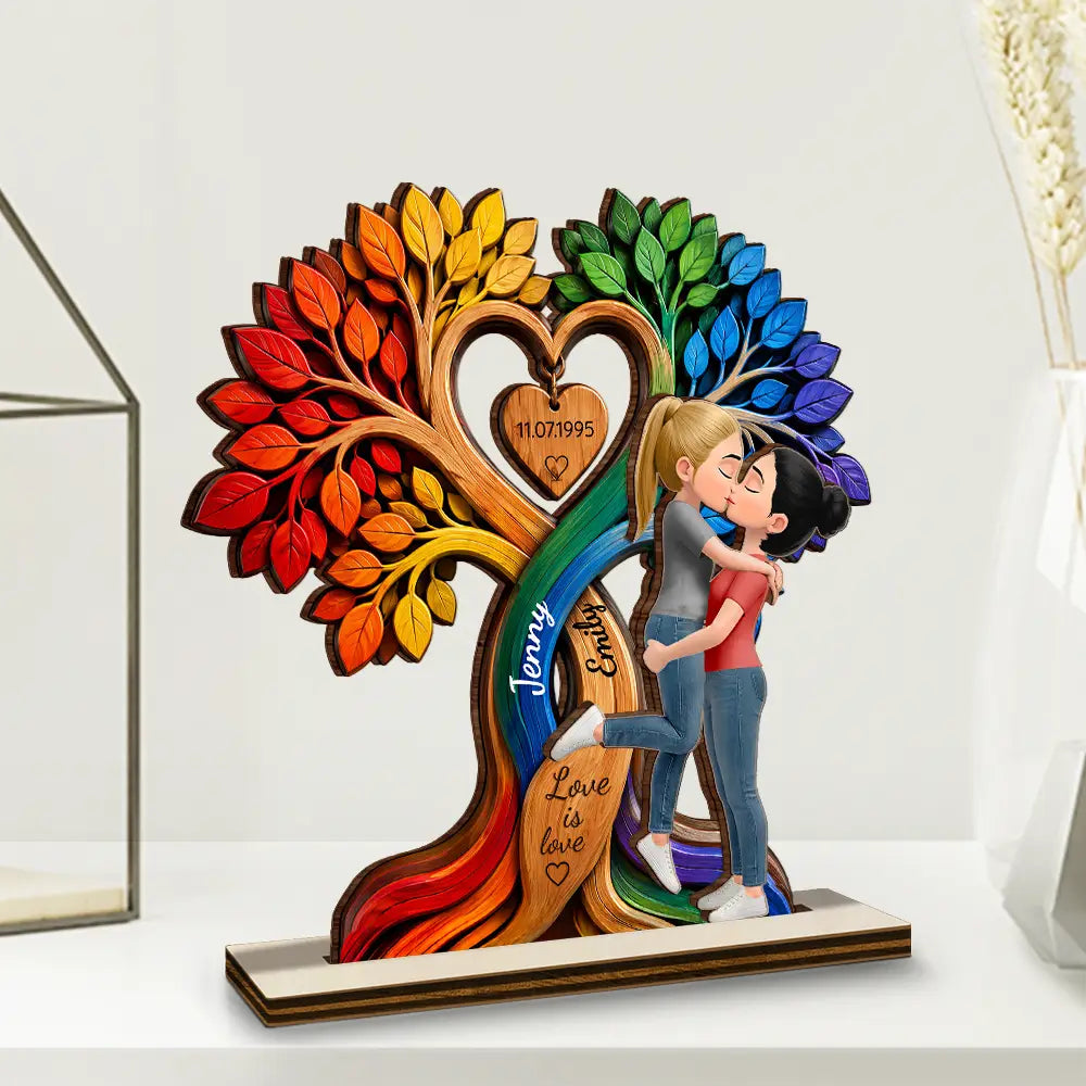 Kissing Couple Under Heart Tree - Personalized Custom Shaped Wooden Plaque