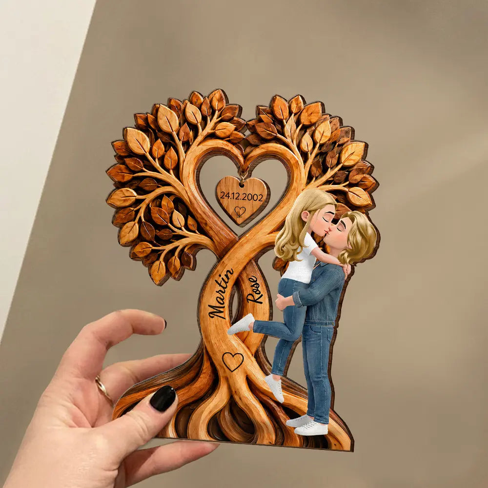 Kissing Couple Under Heart Tree - Personalized Custom Shaped Wooden Plaque