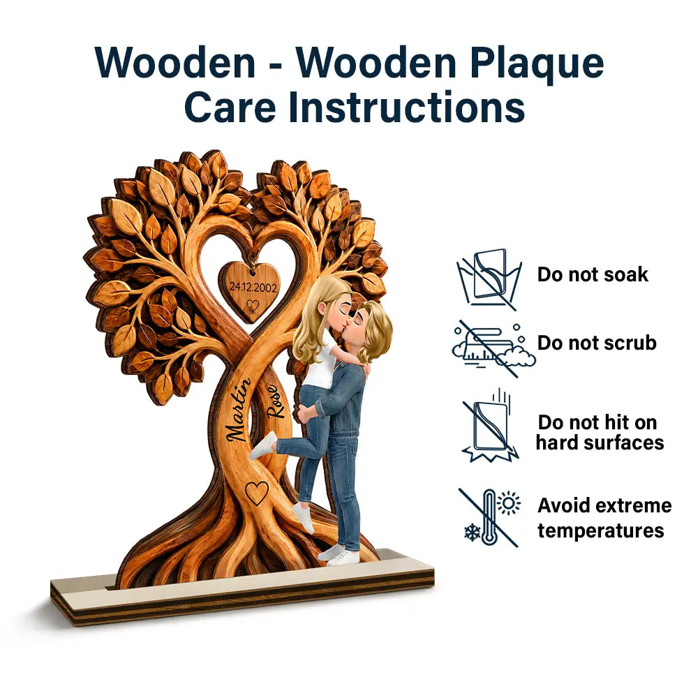 Kissing Couple Under Heart Tree - Personalized Custom Shaped Wooden Plaque
