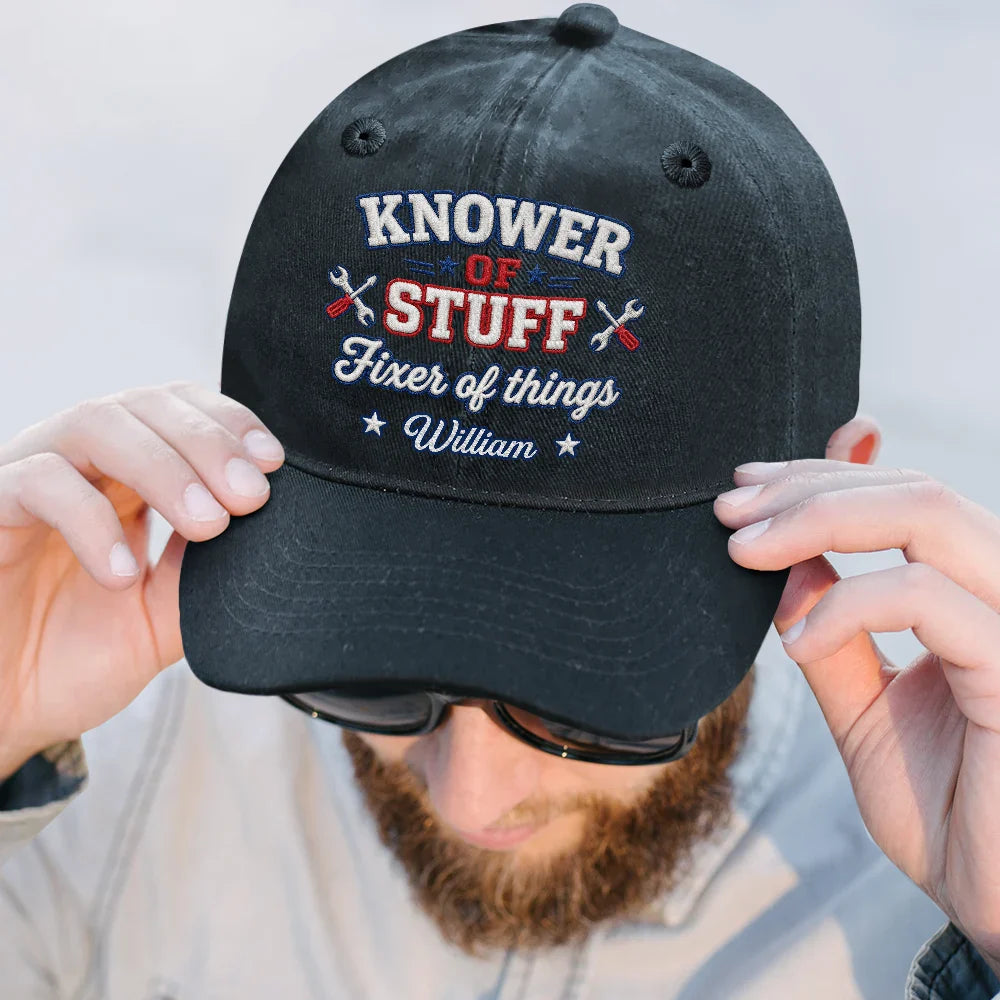 Knower Of Stuff Fixer Of Things Embroidery Effect - Personalized Vintage Washed Denim Cap