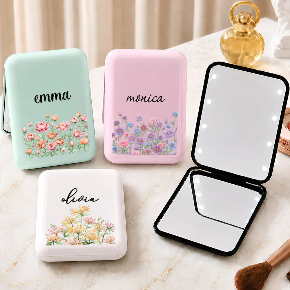 Custom Name & Birth Flower For Her, Sisters, Daughter, Besties - Personalized LED Compact Mirror
